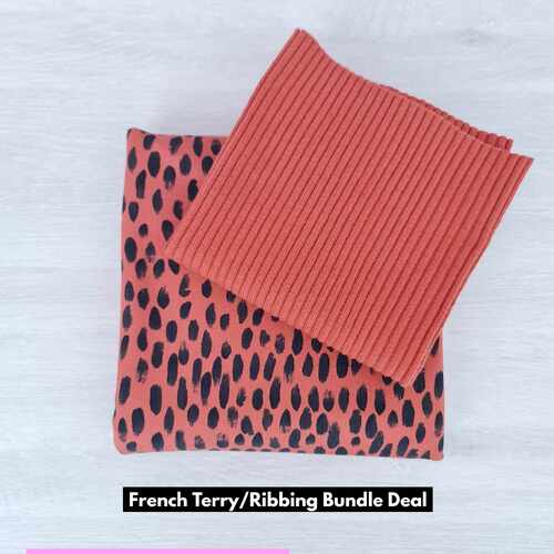 *BUNDLE 2 PIECE* European Modal Blend French Terry Knit, Brush Black & Dark Coral & Dark Coral Chunky Ribbed Ribbing