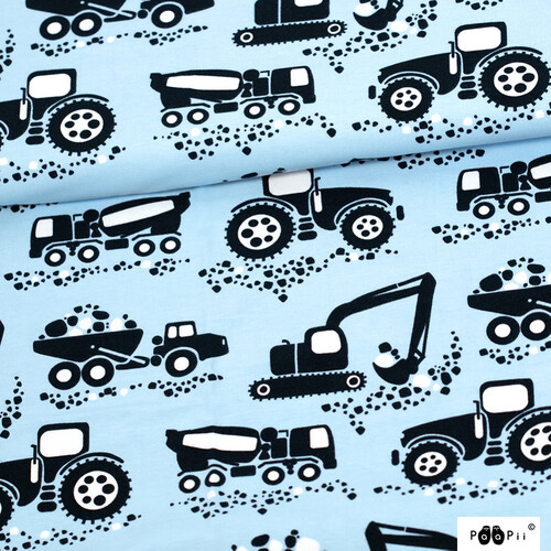 *REMNANT 60cm* PaaPii Design, GOTS Organic Jersey, Machines Light Blue