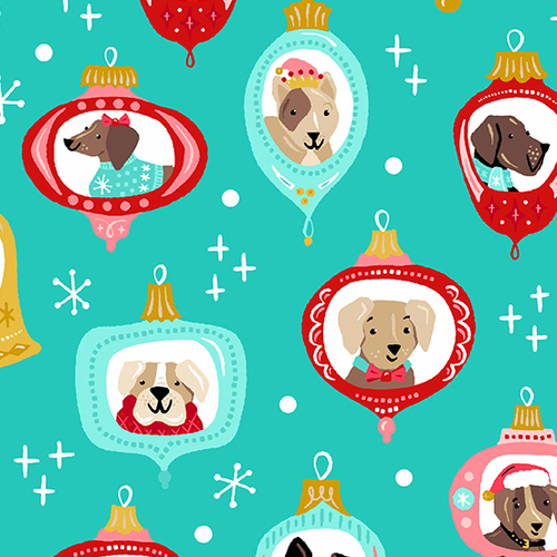 Andover Fabrics, Furry & Bright, Dog Ornaments Teal