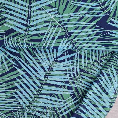 European Lightweight Woven Cotton, Oeko-Tex, Palm Leaves Green/Denim Blue