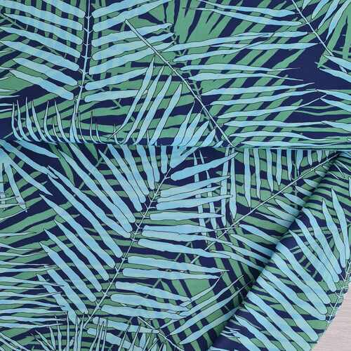 European Lightweight Woven Cotton, Oeko-Tex, Palm Leaves Green/Denim Blue