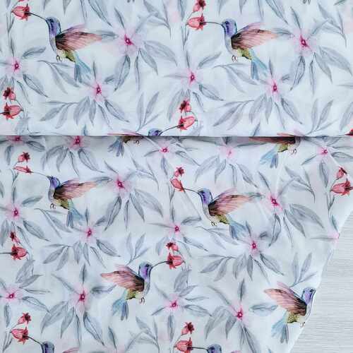 European Woven Viscose, Oeko-Tex, Hummingbirds White