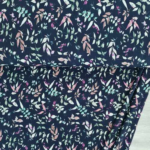 *REMNANT 140cm* European Fine Ribbed Jersey Knit, Oeko-Tex, Floral Leaves Navy
