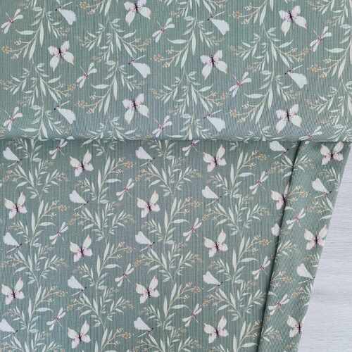 European Fine Ribbed Jersey Knit, Oeko-Tex, Butterflies Green