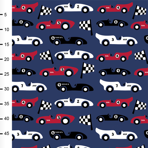 *REMNANT 85cm* PaaPii Design, GOTS Organic Jersey, Race Cars Red Blueberry