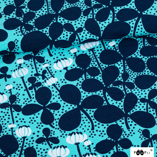 *REMNANT 87cm* PaaPii Design, GOTS Organic Jersey, Clover Turquoise Storm