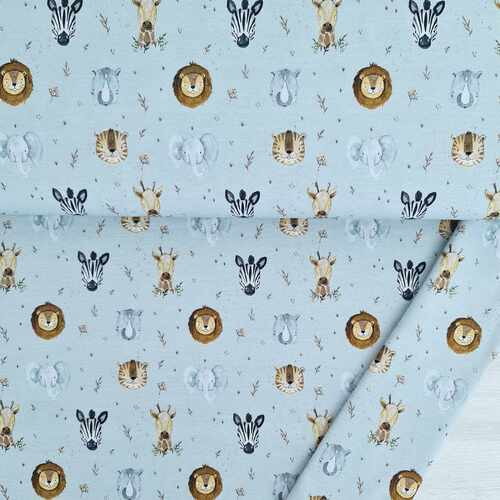 European Cotton Elastane Jersey, Oeko Tex, Safari Animals Pale Blue