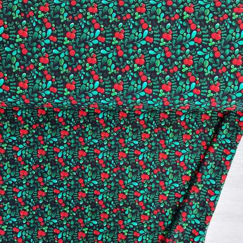 *REMNANT 38cm* European Cotton Elastane Jersey, GOTS Organic, Xmas Berries Black