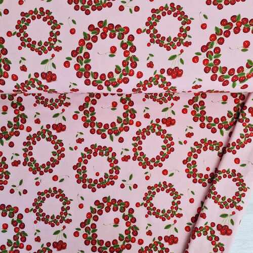 European Cotton Elastane Jersey, GOTS Organic, Cherry Wreaths Pink