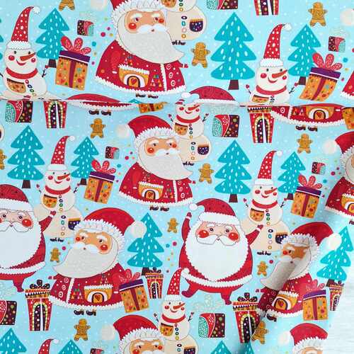European Cotton Elastane Jersey, GOTS Organic, Santa & Snowman Blue