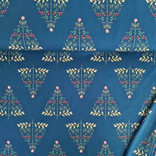 European Cotton Elastane Jersey, GOTS Organic, Christmas Foliage Trees Night Blue