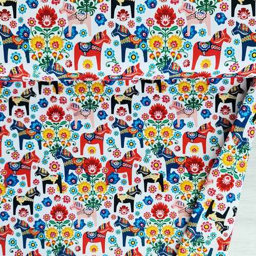 *REMNANT 97cm* European Cotton Elastane Jersey, GOTS Organic, Dala Horses