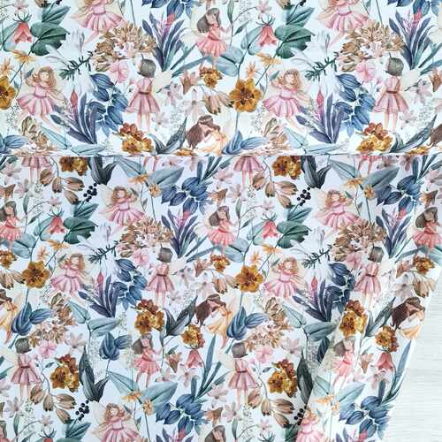 European Cotton Elastane Jersey, GOTS Organic, Fairy Garden White