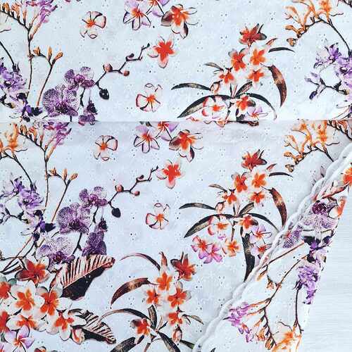 *REMNANT 148cm* European Broderie Anglaise Cotton, Orange & Purple Floral