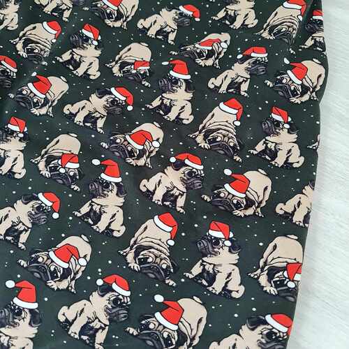 European Cotton Elastane Jersey, Oeko-Tex, Xmas Pugs Dark Olive
