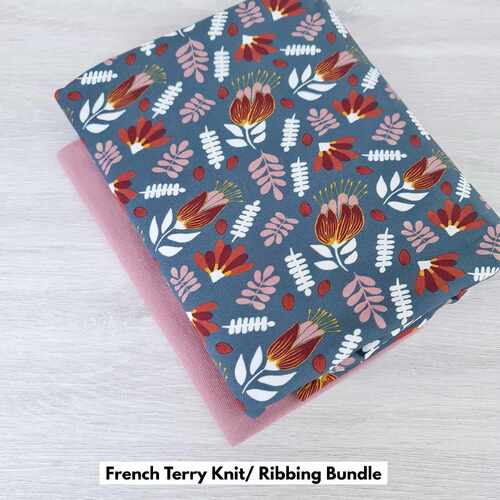 *2 PIECE BUNDLE* European Knit, Oeko-Tex French Terry, Floral Dark Steel Blue & Rose Ribbing