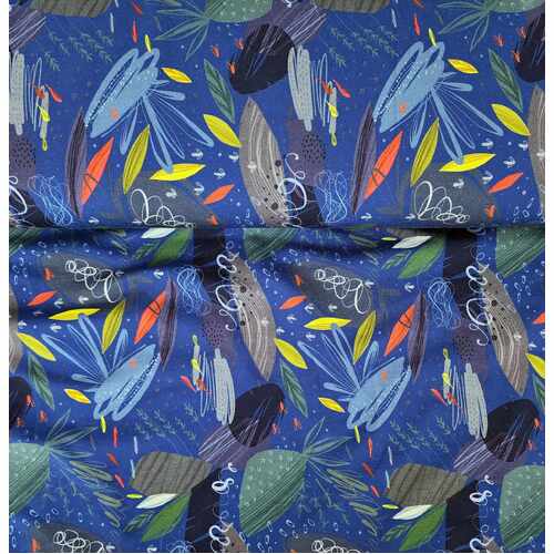 European Knit, Oeko-Tex French Terry, Leaves Blue