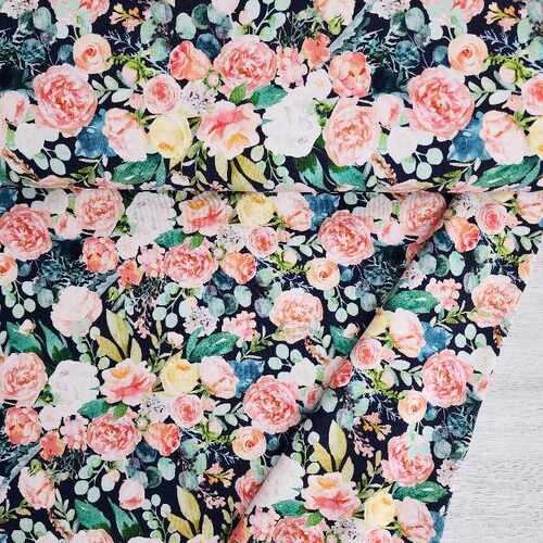 European Modal Blend Summer French Terry Knit, Roses Dark Navy