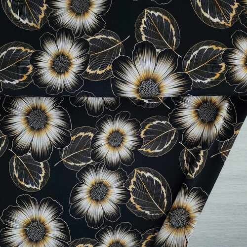European Modal Blend French Terry Knit, Large Flowers Black