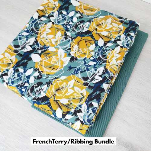 *2 PIECE BUNDLE DEAL* European Knit, Oeko-Tex French Terry, Geometric Roses Light Eucalypt & Eucalypt Fine Ribbed Ribbing
